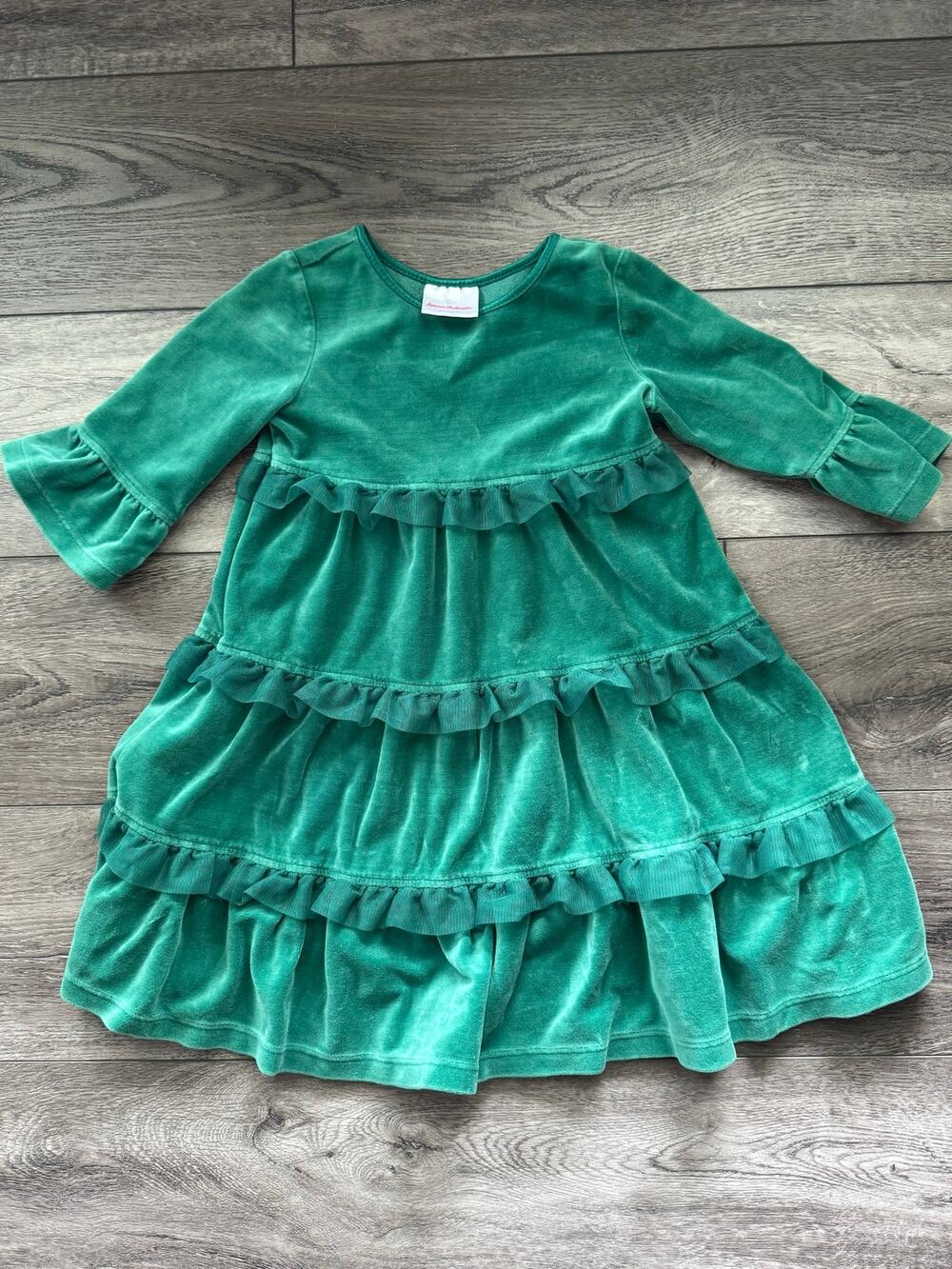Hanna Andersson Girls Forest Green Velvet Tiered Ruffle Holiday Dress - Size 4T